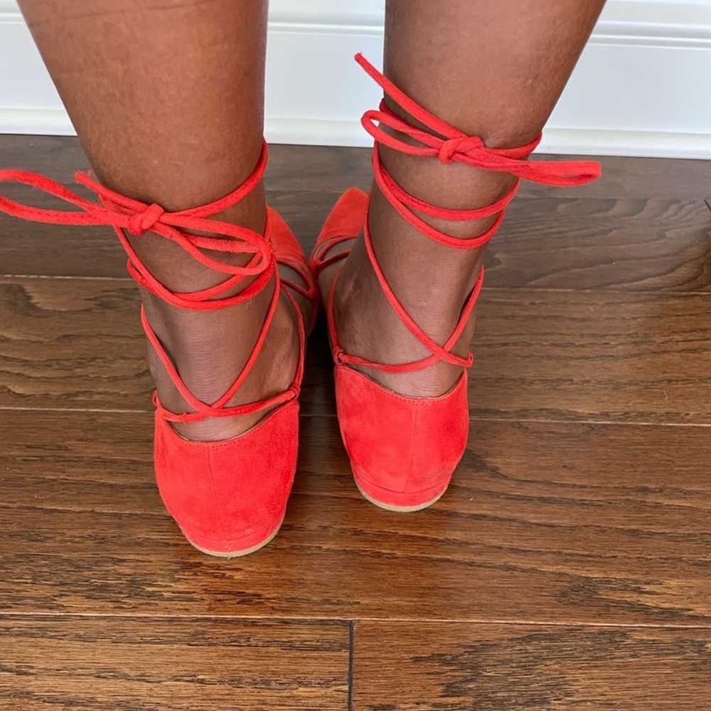 Stuart Weitzman Red Lace-Up Flats